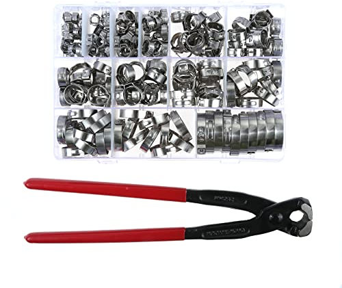 180 abrazaderas de manguera de acero inoxidable 304 con pinzas de oreja, pinzas de 5,3 a 33,1 mm, herramientas de crimpado, kit surtido de abrazaderas de manguera para automoción, línea de