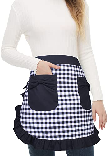 Love Potato Taillenschürze mit Taschen, modische Küchenschürze für Küche, Kochen, Restaurant, Bistro, halbe Schürzen für Mädchen und Frauen, Black Plaid, One size