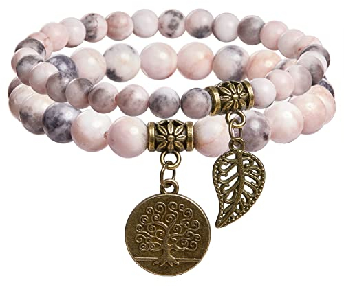 Farfume Chakra Armband Echte Steine, Echte Steine-Edelsteine Armband fur Damen (Pink Zebra-Jaspis und Baum des Lebens)