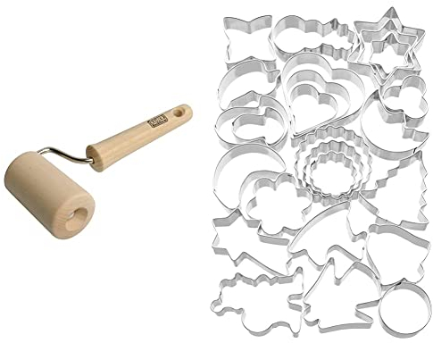 Original Kaiser Classic Teigroller klein 19 x 7,5 cm & Ausstechformen Weihnachten 25-teilig, Keksausstecher, Plätzchenausstecher, Cookie Cutter, zum Ausstechen von Plätzchen, Silber, 1 - Pack