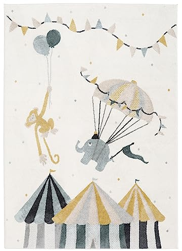 RugVista, Monkey Circus, Kinderzimmer Teppich, 100 x 160 cm, Kinderteppich für Kinder, Spielteppich für Babys, Modernes Design, Kurzflor, Keine schädlichen Stoffe, Off-Weiß/Blau