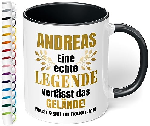 Abschieds-Geschenk Kollegen zum Renteneintritt oder Jobwechsel: Kaffee-Tasse personalisiert „Eine echte Legende verlässt das Gelände“ - Keramik, 330ml - Rente Ruhestand (Schwarz)
