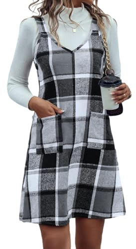 IDEALSANXUN Kariertes Overallkleid für Damen, Herbst, Winter, ärmellos, kariert, mit Taschen