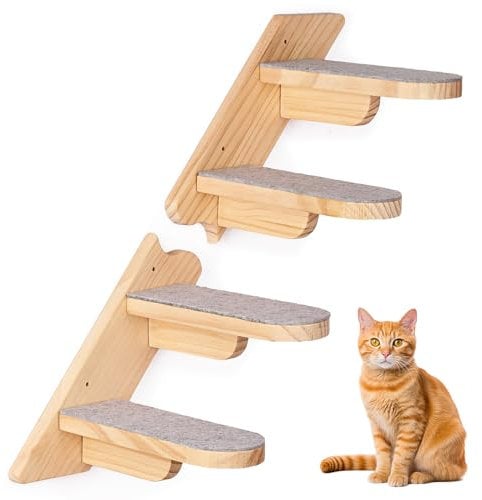 Wall Mounted Cat Climbing Shelf,Cat Stairs Ladder Furniture,Wooden Four Step Cat Stairway with Plush Covered,Cat Wall Furniture Cat Climbing Shelf for Climbing Sleeping Playing