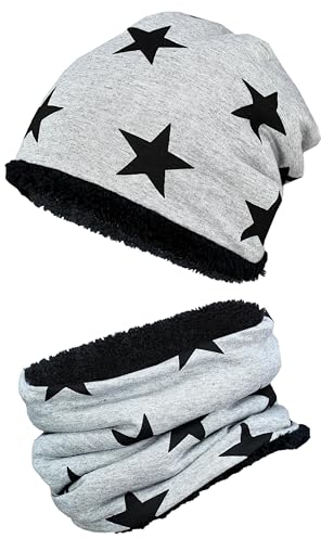 TupTam Jungen Beanie Mütze Schlauchschal Kinder 2er Set Herbst Winter gefütterte Übergangsmütze mit Loop, Farbe: Wintermütze Teddyfleece - Sterne Schwarz Grau, Hat Size: 52