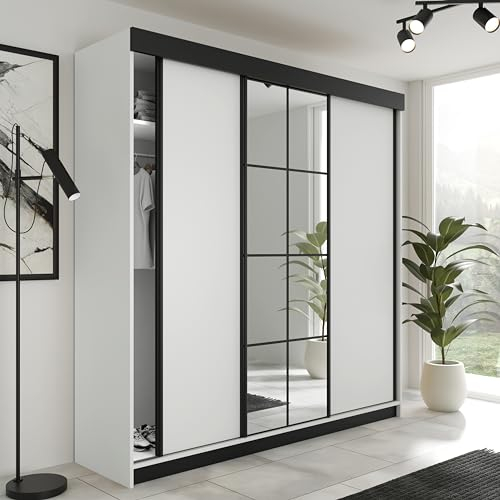 KIER FURNITURE Schiebegarderobe LAMARO mit Spiegel - Schrank Schlafzimmer – Schlafzimmerschrank – Wardrobe Bedroom – Kleiderschränke – Kleiderschrank Weiß – 250x205x59 cm