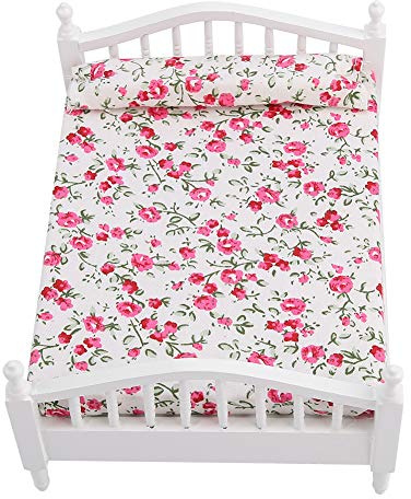Hiraith Puppenhaus Zubehör Blumenmuster Mini-Möbel Doppelbett 1/12 Maßstab Puppe