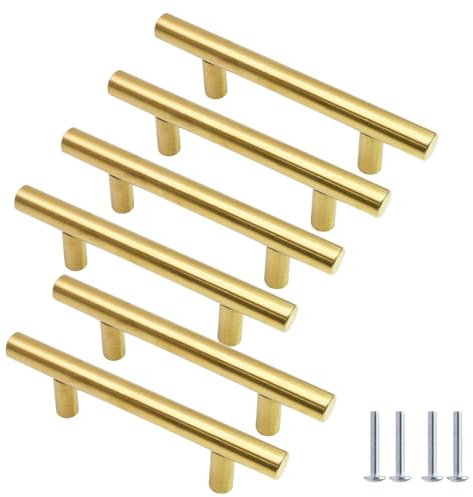 Cjueiom 6 Pack Gold Cabinet Handles 76mm Hole Centers, 127mm Length Stainless Steel T-Bar Handles for Drawers, Wardrobe, Kitchen Cabinets & Bedroom Furniture