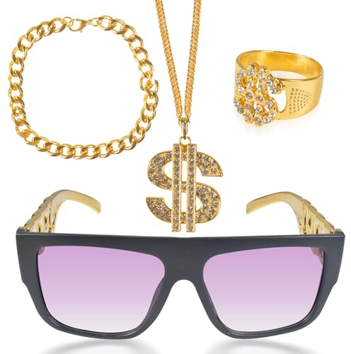 4 Stück Zuhälter Kostüm Set, goldene dollar kette, Gangster Ring, Goldkette Armband Schmuck 70er 80e 90er Jahre Rapper Zubehör für Männer, Frauen Fasching Karneval Party