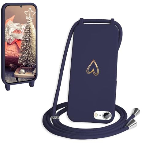 CaseLover Handyband für iPhone SE 2022/6/6S/7/8/SE 2020 Hülle mit Band, Herz Muster Silikon Necklace Handyhülle mit Abnehmbar Kordel zum Umhängen Stossfest Handy Schutzhülle für iPhone 8/7, Navy Blau