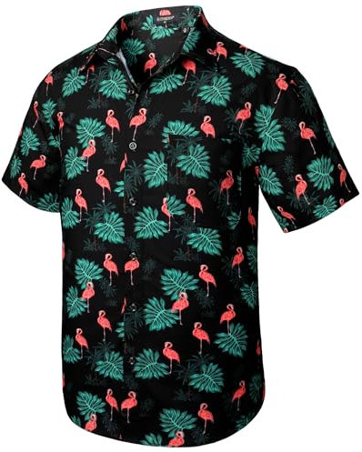 Rithern Hawaïenne Chemise Homme Manches Courtes Été Plage Fête Chemises Flamant Rose Funky avec Poche Avant Vert & Noir L