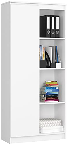 Home Collective Schrank Büroregal Bücherregal Regal weiß 80cm breit 180cm hoch, mit Tür und 4 Fächern
