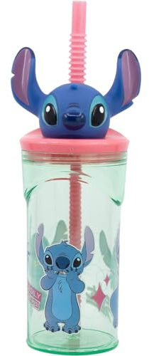 Vaso con pajita con personaje 3D de plástico reutilizable BPA Free capacidad 360 ml (Stitch)