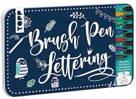 TOPP Brush Pen Lettering Designdose: Dose (19 x 11,5 cm), 6 Brush Pens mit Fineliner-Spitze in Rot, Gelb, Grün, Lila, Blau, Schwarz, 5 Design Paper, 2 Transferstickerbogen