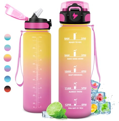 Gourde 1L, Gourde Sport, Gourde avec Paille Réutilisable Réutilisable, Bouteille d'eau avec Marqueur de Temps, Water Bottle pour Adulte, l'école, Cyclisme, Voyage, Camping, Fitness, Yoga, Bureau