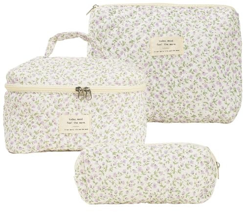 3 teiliges Reise Kosmetiktasche Set,kulturbeutel Damen,Kulturtasche,Make-up Tasche Coquette Aesthetic Makeup Tasche Cosmetic Bag,Groß Kapazität,Baumwolle,Blumen Muster kulturbeutel (#19)