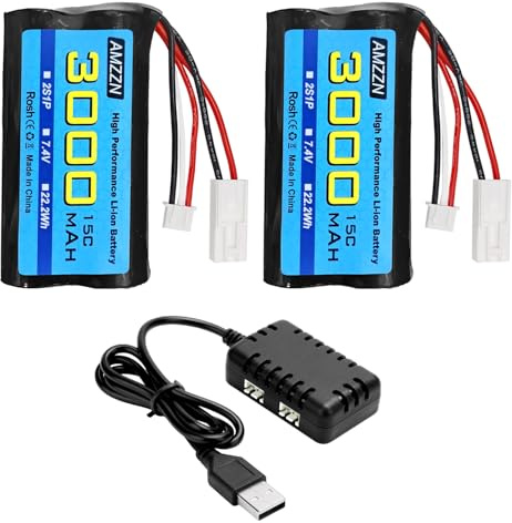 2PCS 7.4V 3000mAh 15C 2S EL-2P spina agli ioni di litio con caricabatterie 2-in-1, adatto per UDI009 UDI902 UDI002 AA102 feilun FT009 RC nave; Batteria del modello di motoscafo ad alta velocità