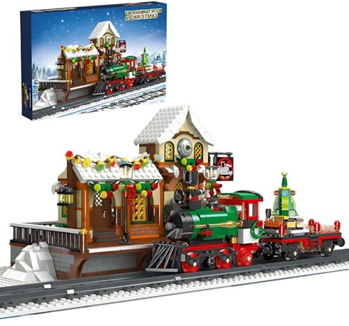 Fuleying Weihnachtseisenbahn Bahnhöfe Bausteine Bausatz, Xmas Schnee Haus KlemmbausteineSammlerstück Spielmodell Kits, Party Favor für Kinder Erwachsene, 1362 PCS