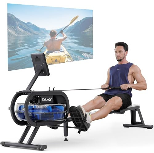 Dripex Rudergeräte für Home Gym, Wasserrudergerät, Einstellbare 6 Stufen Wasserwiderstand, 150KG Gewichtskapazität, Bluetooth, LCD-Monitor & Tablet-Halterung für Ganzkörpertraining
