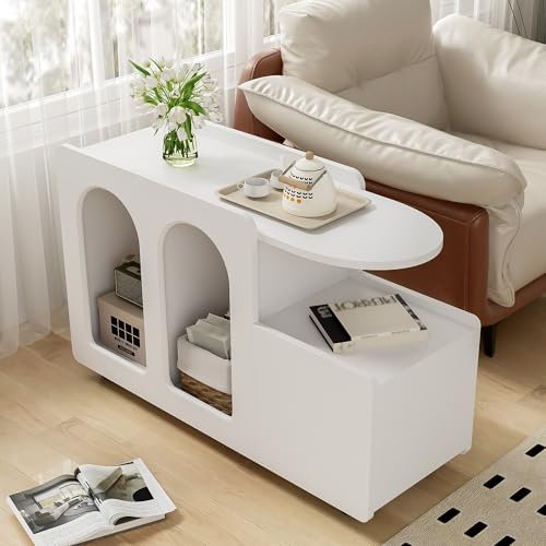 82 cm Breite Rollbarer Beistelltisch Regal mit Schublade und Ablage Fächer Bücherregal Aufbewahrungskonsole mit Rollen Couchtisch Schrank Sideboard Konsolentisch Regalwagen für Wohnzimmer Büro Weiß