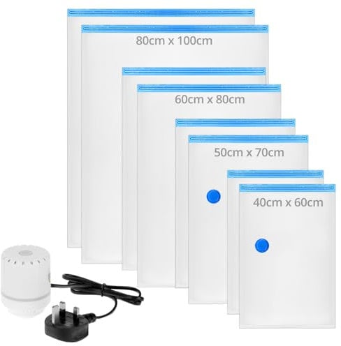 QWORK® 8-Pack Vacuum Storage Bag with Electric Air Pump - 2 Jumbo, 2 Large, 2 Medium & 2 Small - Space-Saving Storage Solution for Clothes, Bedding, and Travel