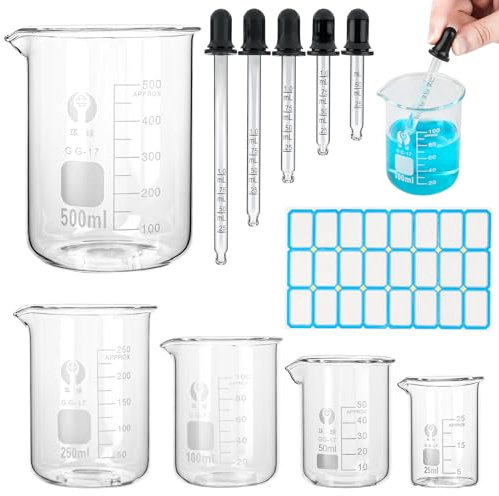5 Pezzi Becher Graduato in Vetro Borosilicato, Bicchiere Graduato da 25ml/50 ml/100ml/250ml/500ml, Misurino Graduato, Misuratore Liquidi con Buretta Graduata e Adesivo per Laboratorio