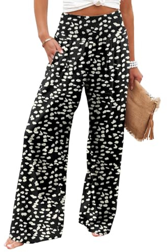 KISSMODA Women Casual Pants with Elastic Waist Wide Legged High Waist Trousers with Pockets Trendy Long Pants