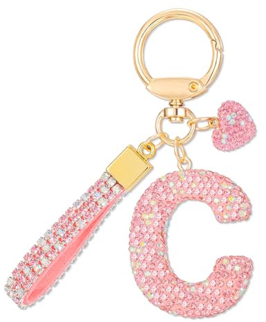 MWOOT Rose Voiture Porte clés Cadeau pour Femmes Filles Initial Lettre Porte-clés Mignon Bling Lettre Pendentif pour Sac à main Charms, Lettre C
