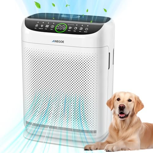 Purificatore d'aria per la casa di grandi dimensioni fino a 2500 m² con doppia presa d'aria, pre-filtri lavabili, purificatori d'aria per animali domestici AnEgoe per camera da letto con telecomando