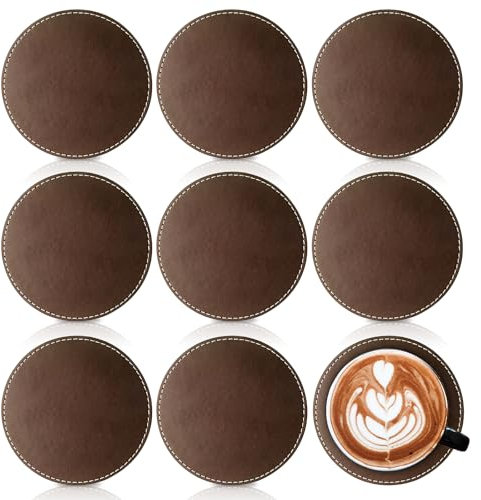 Cup Coasters, Drinks Coasters Set of 8 Leather Round Coaster Protect Furniture From Damage Non Slip Brown Cup Mats for Coffee Beer Mug Wine Glass