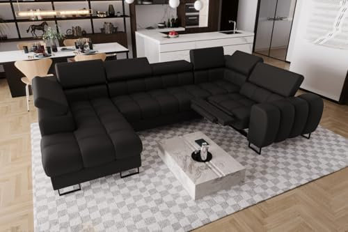 Friderik Ecksofa Aspen MAX II Relax Ledersofa U-Form Schlaffunktion 198x350x170 cm Bettkasten (Schwarz, Rechts)