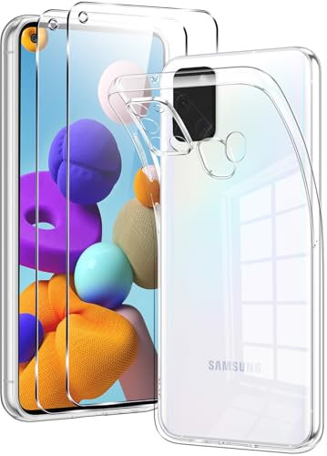 Votvloay für Samsung Galaxy A21s 4G Hülle Durchsichtig mit 2 Stück Schutzfolie,Transparent Handyhülle Panzer Schutz Glas, Schutzhülle Silikon Weiches TPU Case Cover Schutzglas für Samsung A21s 4G 6,5“
