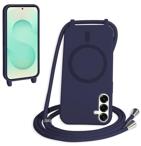 FMPCUON Magnétique Coque avec Cordon pour Samsung Galaxy S24/S25, [Compatible avec MagSafe] Etui Collier Réglable Téléphone Étui Portable Lanyard Case Protection Complète Cover,Bleu