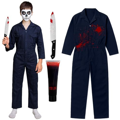 M&A PEAKS Kids Coverall Boiler Suit, Boys Girls Blue Boiler Suit Overall Multi Pocket Full Button Closure Elasticated Waist Jumpsuit Costume Fake Blood and Knife Halloween Outfit, 10-12 Years