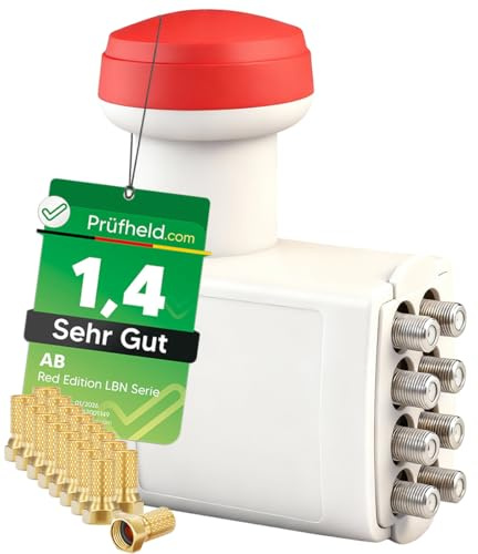 [Test SEHR GUT, Note 1.4 *] AB Octo LNB 8 Teilnehmer für Satellitenschüssel Antenne, 4K LNC mit LTE Abschirmung, 8-Fach Direktanschluss an Sat Receiver & Fernseher inkl. 16x vergoldete Nonic F-Stecker