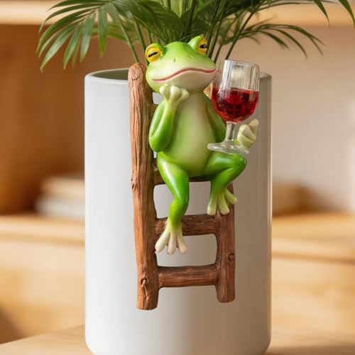 Frösche Figuren Gartendeko für Draußen Wetterfest Frosch Garten Dekoration | Deko Garten Weinfarbener Holzleiterfrosch Gartenstecker Frühlingsdeko für Pflanzer, Balkon Deko, Rasen, Geschenk