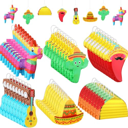 Foilswirl 48 Pcs Mexican Fiesta Mini Piñata Bulk - Donkey Taco Hat Chili Guitar Cactus Cookies Piñatas for Cinco De Mayo Mexican Carnival Party Decoration Family Gathering