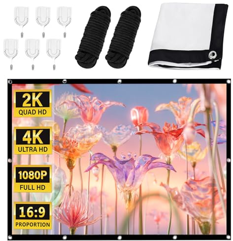 Bqkroa 100 Inch Projection Screen: White Soft Screen Screen 4K Home Cinema, Foldable Portable Screen, 169 Screen, for Home, Office and Teaching, with Rope and 8 Hooks, 2.21 x 1.25 m