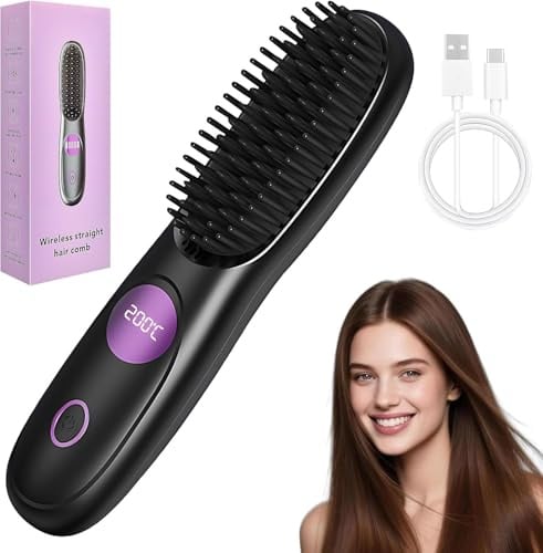 Glättbürste Kabellos, Haarbürste Elektrisch für Damen Stylingbürste, Elektrisch Glätteisen mit Kabellos 3 Wärmestufen für Kurze Haare Langes, Haarglätter Bürste für Hair Straightener
