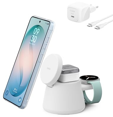Belkin UltraCharge 3-in-1 Induktive Ladestation mit Qi2, 25W – Weiß | Qi2.2-zertifiziert, Kabelloses Ladegerät mit USB-C-Port, Wireless Charger für iPhone, Galaxy, Kopfhörer; mit 45W Netzteil
