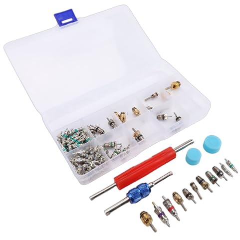 KIMISS Kit de 104 Pièces pour Obus de Valve de Climatisation Automobile, Accessoires pour Obus de Valve de Climatisation en Aluminium, Laiton et Acier Inoxydable avec Outil D'extraction