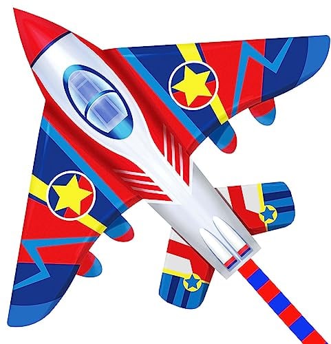 HONBO Kinder Drachen, Fighter Plane Drachen für Kinder und Erwachsene 58”breit mit langem Schwanz, inkl. 60m Drachenschnur und Snap Swivel, Bester Groß Beach Kite