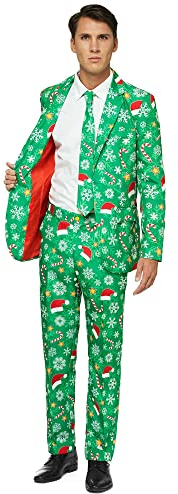 OFFSTREAM Hässliche Weihnachtsanzüge für Männer - Grüner Nordischer Stil - Xmas Sweater Kostüme Inklusive Jacke Hose & Krawatte