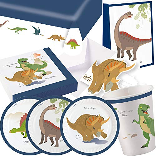 101-teiliges PARTY SET * FRÖHLICHE DINOS * für Kindergeburtstag mit 8 Kinder: Teller, Becher, Servietten, Einladungen, Tischdecke, Partytüten, Luftschlangen, Luftballons | Dino Dinosaurier T-Rex…