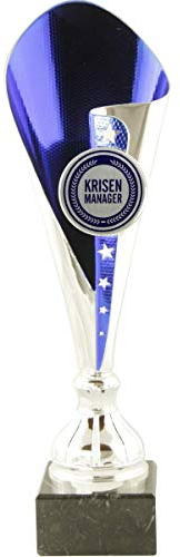 Pokal Award Bakersfield in Silber/blau mit hochwertigen Aluminium Emblem Krisenmanager und Aluschild mit Wunschtext (36 cm)