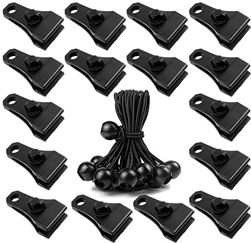 32PCS Tarp Clips with 6 inch Ball Bungee Cords - Heavy Duty Lock Grip Thumb Screw Camp Tent Clips for Outdoor Camping Caravan Awnings Canopies Swimming Pool Covers Car Covers