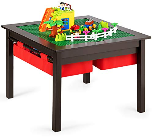 GOPLUS Bausteintisch mit doppelseitigen Spielbrettern, Aktivitätstisch mit 2 Schubladen, Spieltisch für Jungen und Mädchen ab 3 Jahren, Mehrzwecktisch für Bauen, Zeichen, Basteln (Braun)