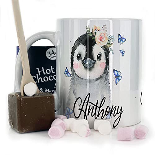Personalised Mug and Belgian Milk Chocolate/Hot Chocolate Stirrer Marshmallow Gift Set, Custom Name (11oz) Thank You, Love You, Happy Birthday Mug with Penguin Butterfly Design