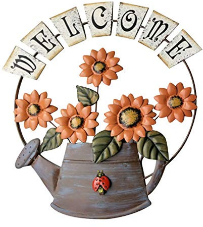 Hlter - Cartello di benvenuto con annaffiatoio e girasole in metallo, da appendere alla parete, decorazione per porta anteriore, per giardino, cortile, ingresso
