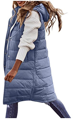 HHMY Lange Steppweste Damen - Longweste Mit Kapuze Schlanke Weste Jacke Übergangs Winter Steppjacke Ärmellose Kapuzenweste Gesteppte Mantel Warm Winddichte, A03-Blau, XL
